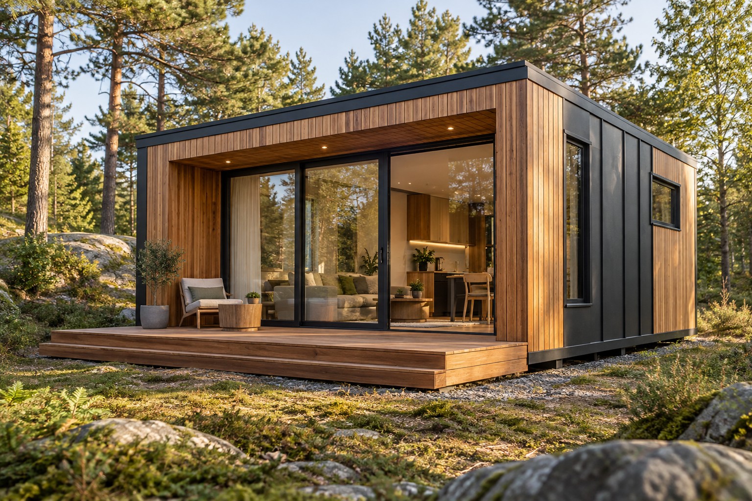 Ahşap ve antrasit cepheli tinyhouse, doğayla iç içe teras